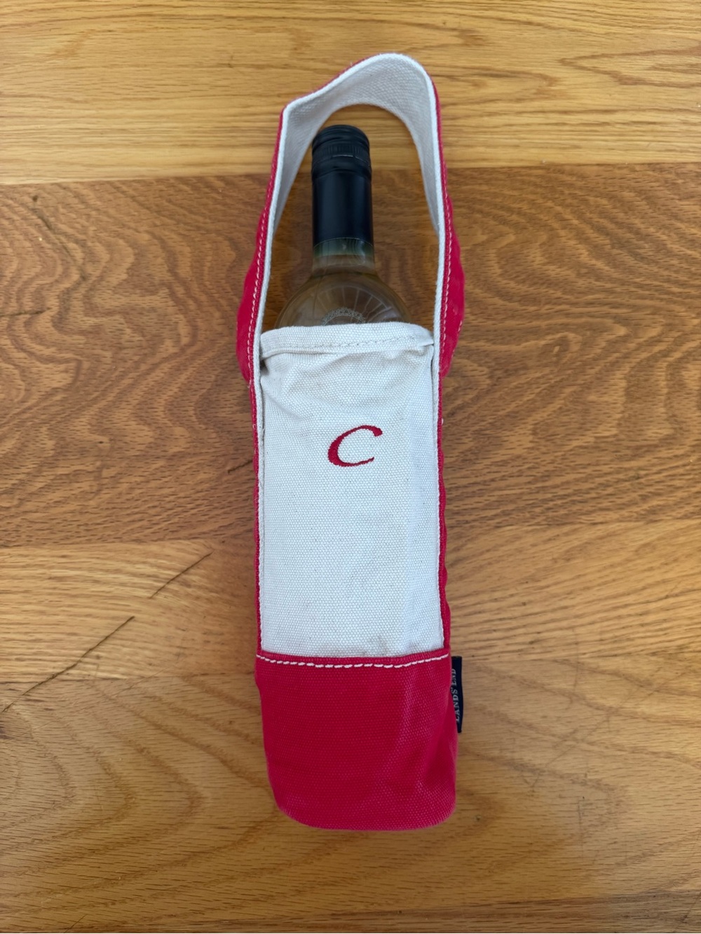 Lands' End “C” Red and White Canvas Wine Bottle Carrier